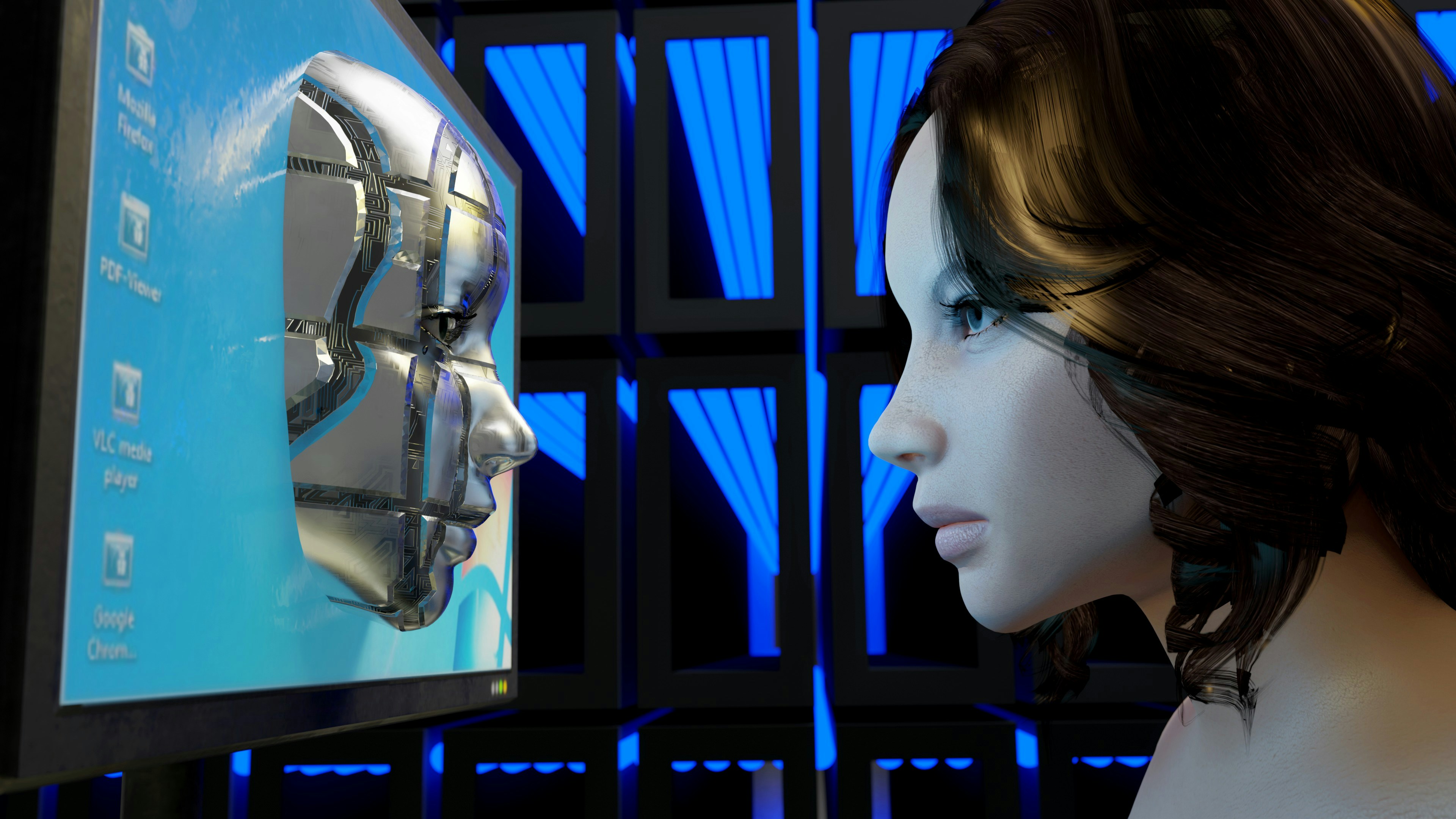 A girl looks at a metal face on a computer by Robotic Coding a female mannequin is looking at a computer screen