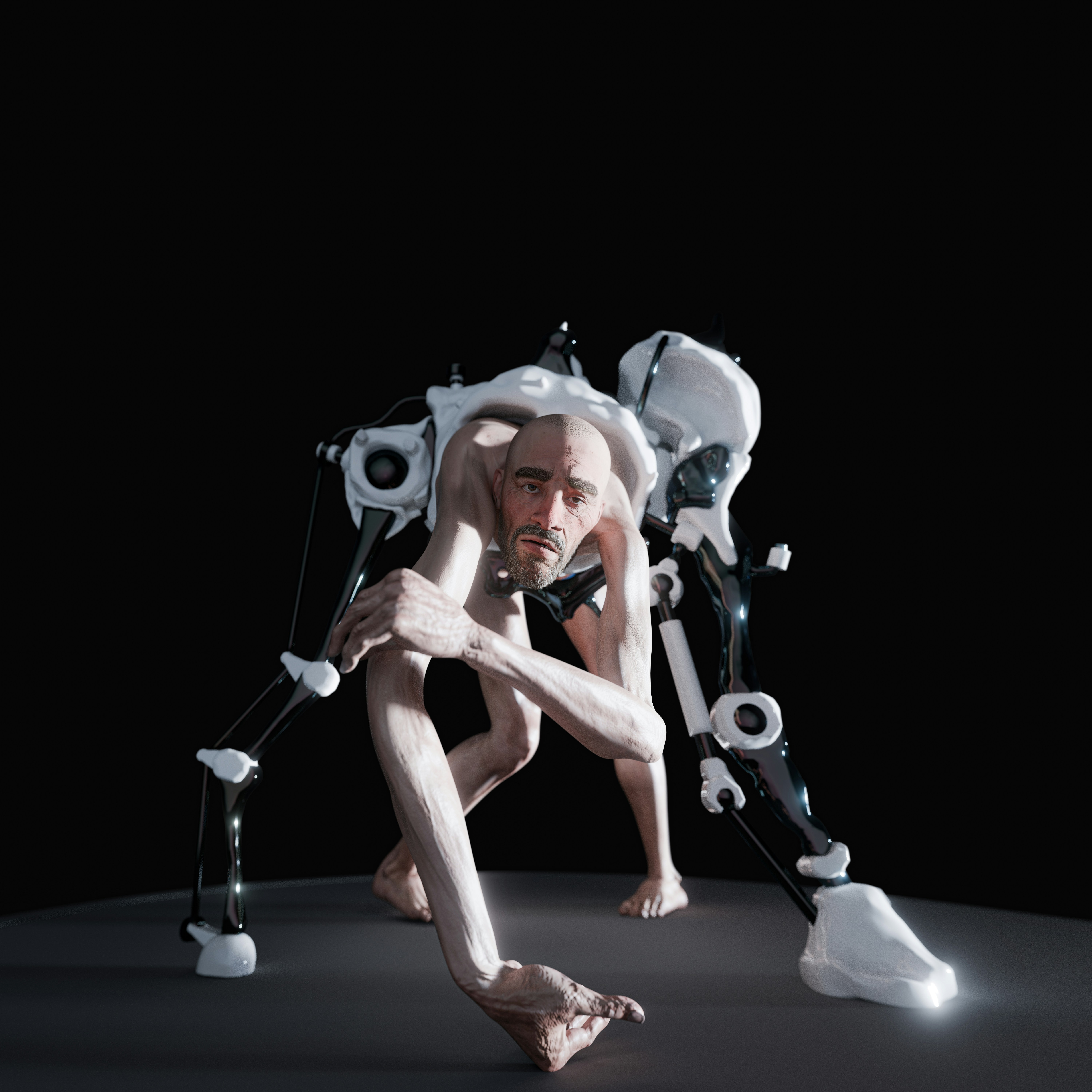 Cyber grandpa by Robotic Coding A person with a robotic exoskeleton sits in a dark room.